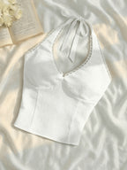 Women'S Solid Color Backless Lace-Up Slim-Fit Versatile Casual Top, Suitable for Summer, Vacation, Retro, Country Style, Going Out, Picnic And Other Occasions, Cute Yellow Top - White