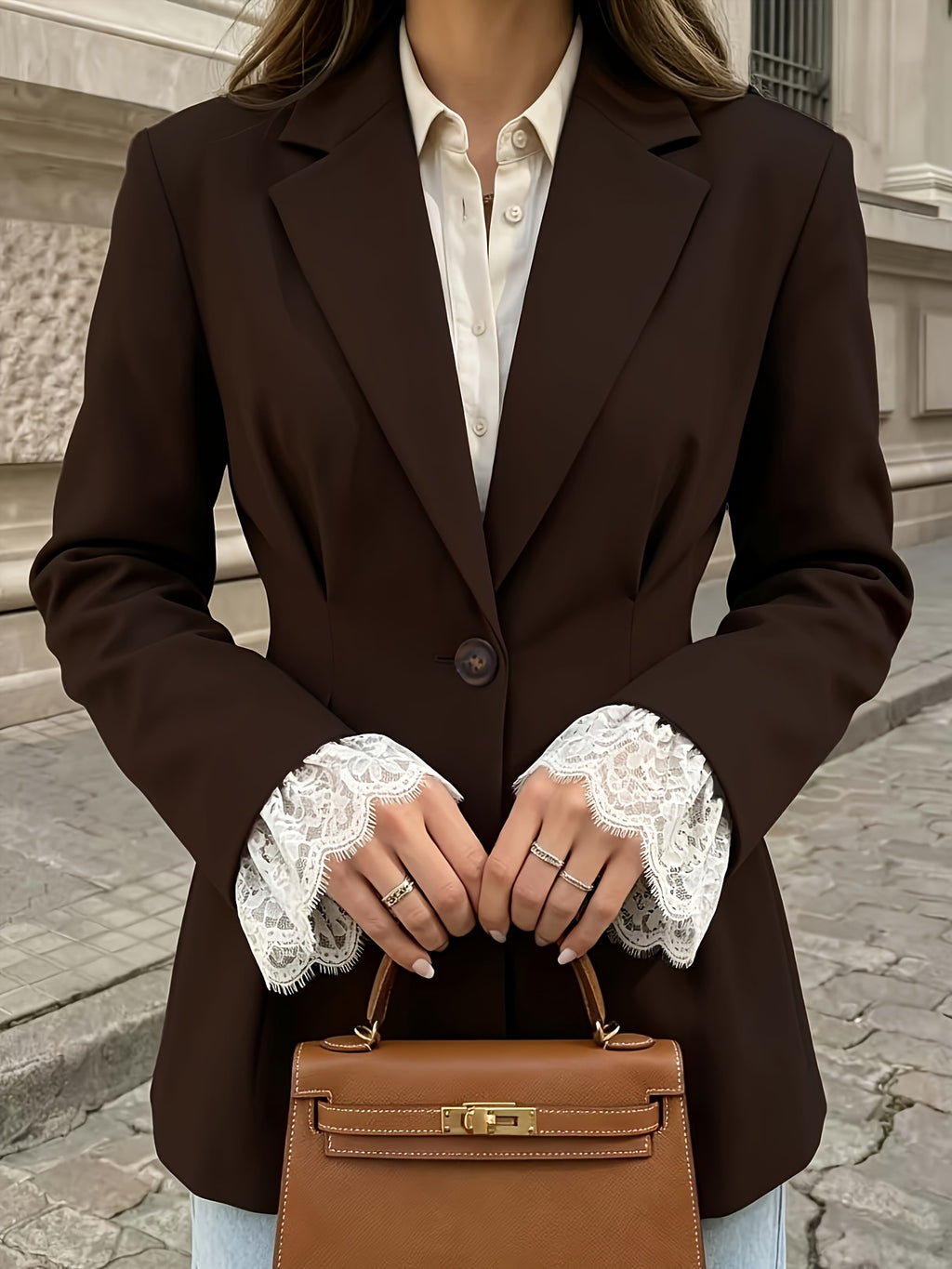 Women's Lapel Casual Blazer with White Eyelash Lace Cuffs, Single-button Waist-cinching Slim-fit Commuting Spring/autumn Elegant Suit Jacket - Reddish Brown