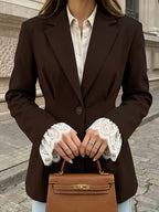 Women's Lapel Casual Blazer with White Eyelash Lace Cuffs, Single-button Waist-cinching Slim-fit Commuting Spring/autumn Elegant Suit Jacket - Reddish Brown