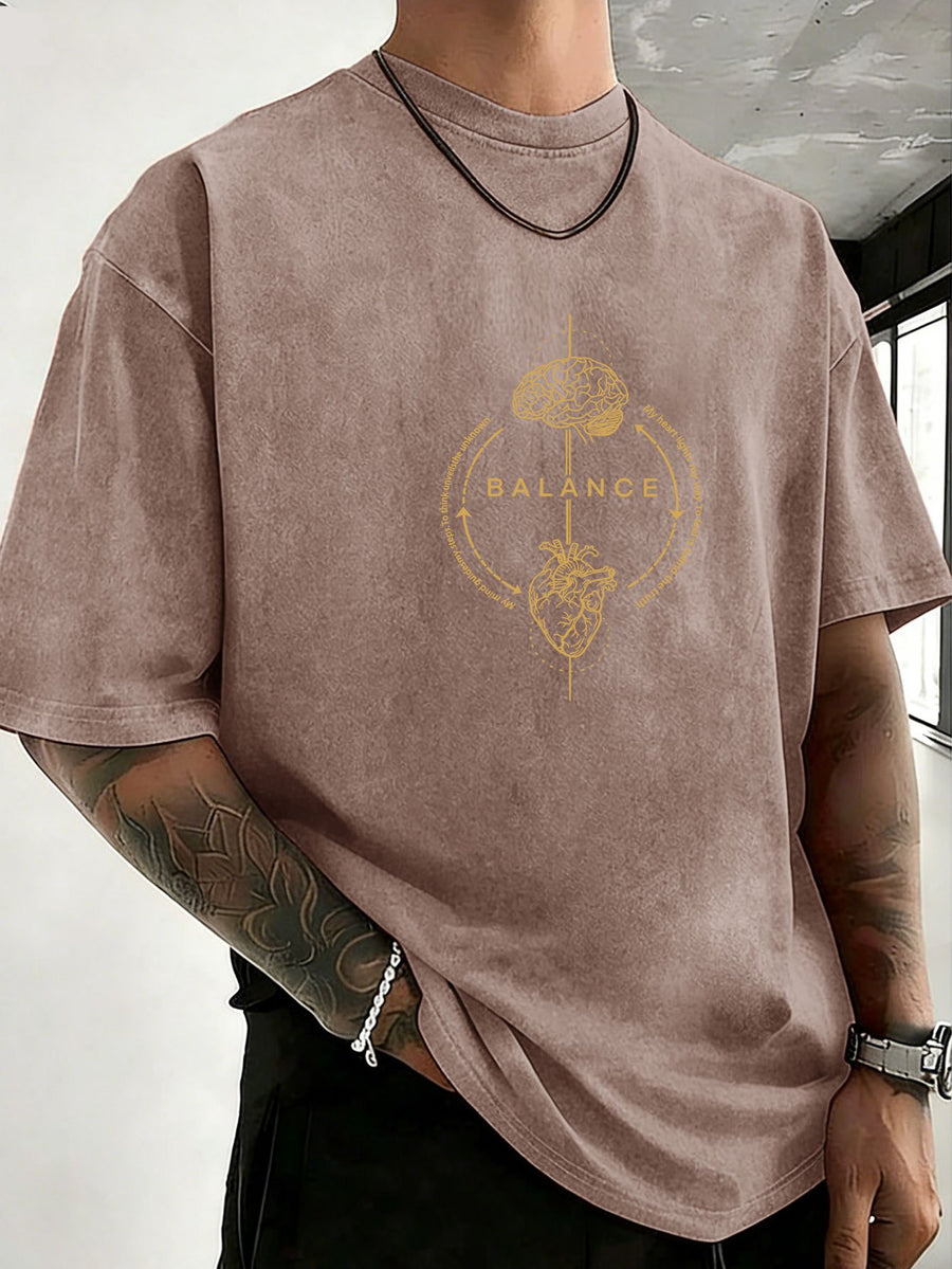 Men's 100% Cotton Washed Distressed Crew Neck Short-Sleeve T-Shirt, Balance Brain Heart Graphic Double-Sided Print, Trendy Loose Casual Tee Tops, 12 Colors Available - Brown