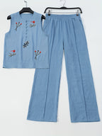 Chinese Style Embroidered Women's Set, Breathable Vest and Pants Outfit - Two-Piece Casual Elegant Ensemble - Sea Blue