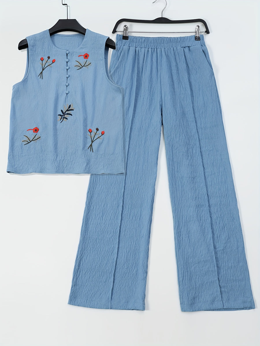 Chinese Style Embroidered Women's Set, Breathable Vest and Pants Outfit - Two-Piece Casual Elegant Ensemble - Sea Blue