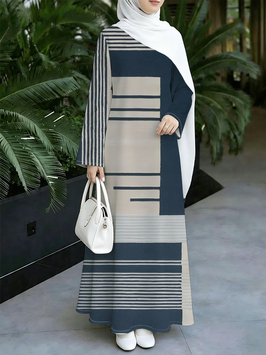 Asian Size 1pc 2D Flat Printed Design Muslim Robe Women's Khaki Grey Plaid Striped Patchwork Long Sleeve Abaya Maxi Dress Daily Commuting and Home Wear - Eid Festival Dress  Prayer, Family Gathering -Comfortable Abayas Robe Middle, 2D Flat - Mixed Color 4