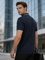 Men'S Quarter-Zip Knit Polo Shirt, Textured Diamond Jacquard Short Sleeve Top, Summer Golf Casual Office Street Wear - Navy Color