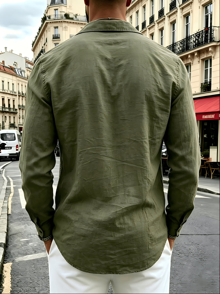Men'S Linen Blend Long Sleeve Collared Button-Up Shirt, Casual Textured Wrinkle-Resistant Summer Top, Single Pocket Design with Adjustable Cuffs, Loose Fit Lightweight Breathable Beach Linen Shirt, V-Neck Relaxed Casual Shirt, Suitable for Vacation - fern green