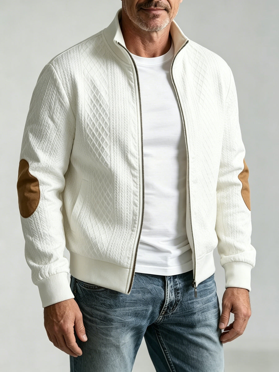 Spring/Autumn New Men's Stand Collar Rhombus Jacquard Baseball Jacket, Middle-Aged Business Casual Velvet Elbow Patch Design Knitted Cardigan, European and American Style Simple Versatile Solid Color Zipper Outerwear Top - White