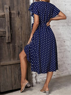 Women'S Elegant Polka Dot Bust-Crossing Short Sleeve Side-Slit Dress - Blue