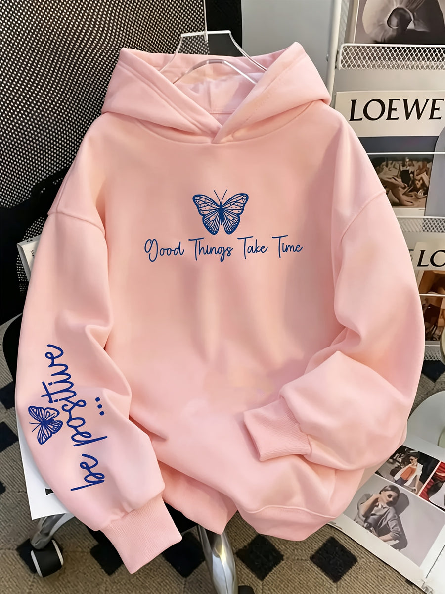 Vintage Slogan and Butterfly Print Long-Sleeve Sweatshirt, Suitable for Daily Casual Wear, Outdoor Picnics, Street Photography, and Use, Applicable for Autumn and Winter Seasons - Pink Color
