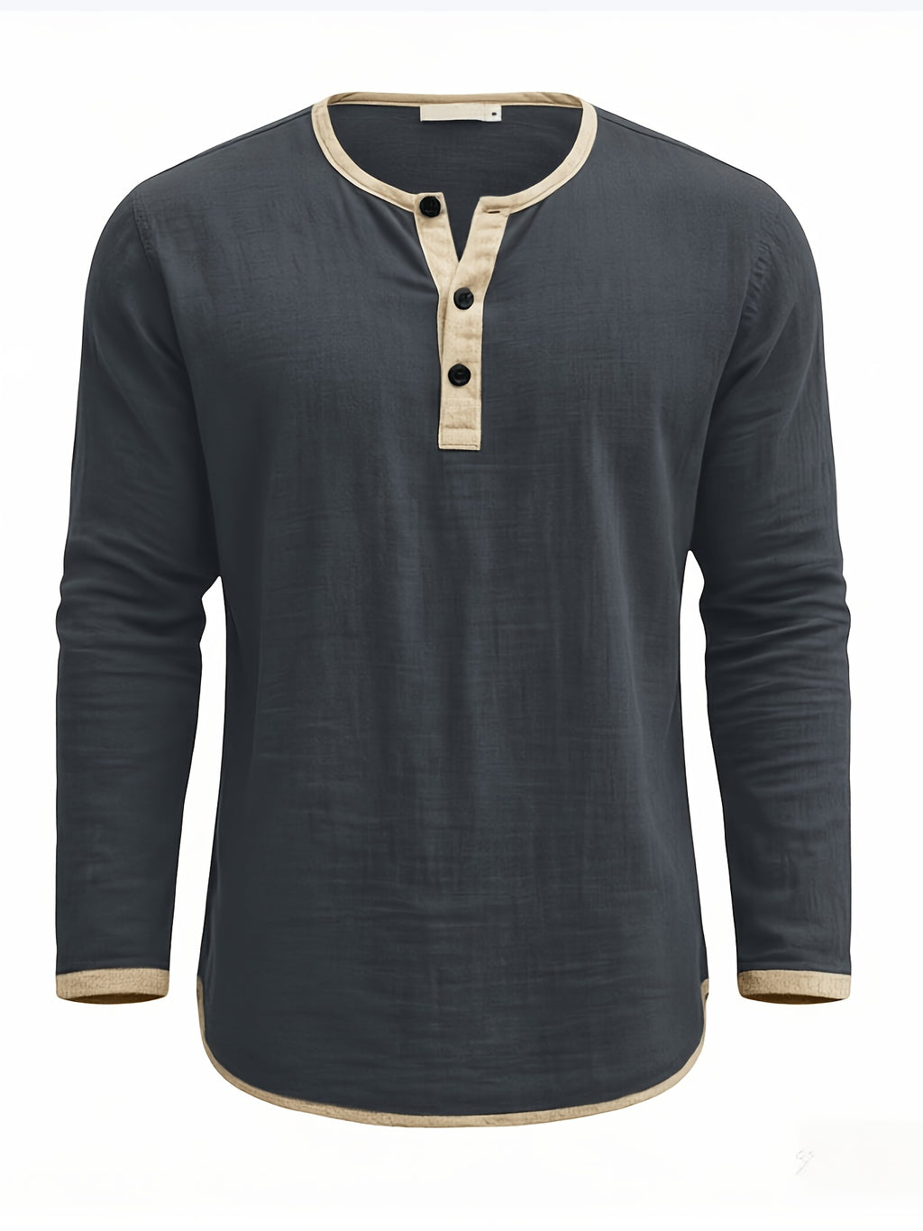 Men's Retro Color-Block Cotton And Linen Blend Button-Up Henley Long Sleeve Polo Shirt, 2pcs. Breathable & Relaxed Fit. Casual Outdoor, Work & Party Wear. Versatile Spring/Fall/Autumn Layering Essential - Dark Grey+Navy Blue
