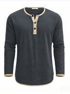 Men's Retro Color-Block Cotton And Linen Blend Button-Up Henley Long Sleeve Polo Shirt, 2pcs. Breathable & Relaxed Fit. Casual Outdoor, Work & Party Wear. Versatile Spring/Fall/Autumn Layering Essential - Dark Grey+Navy Blue