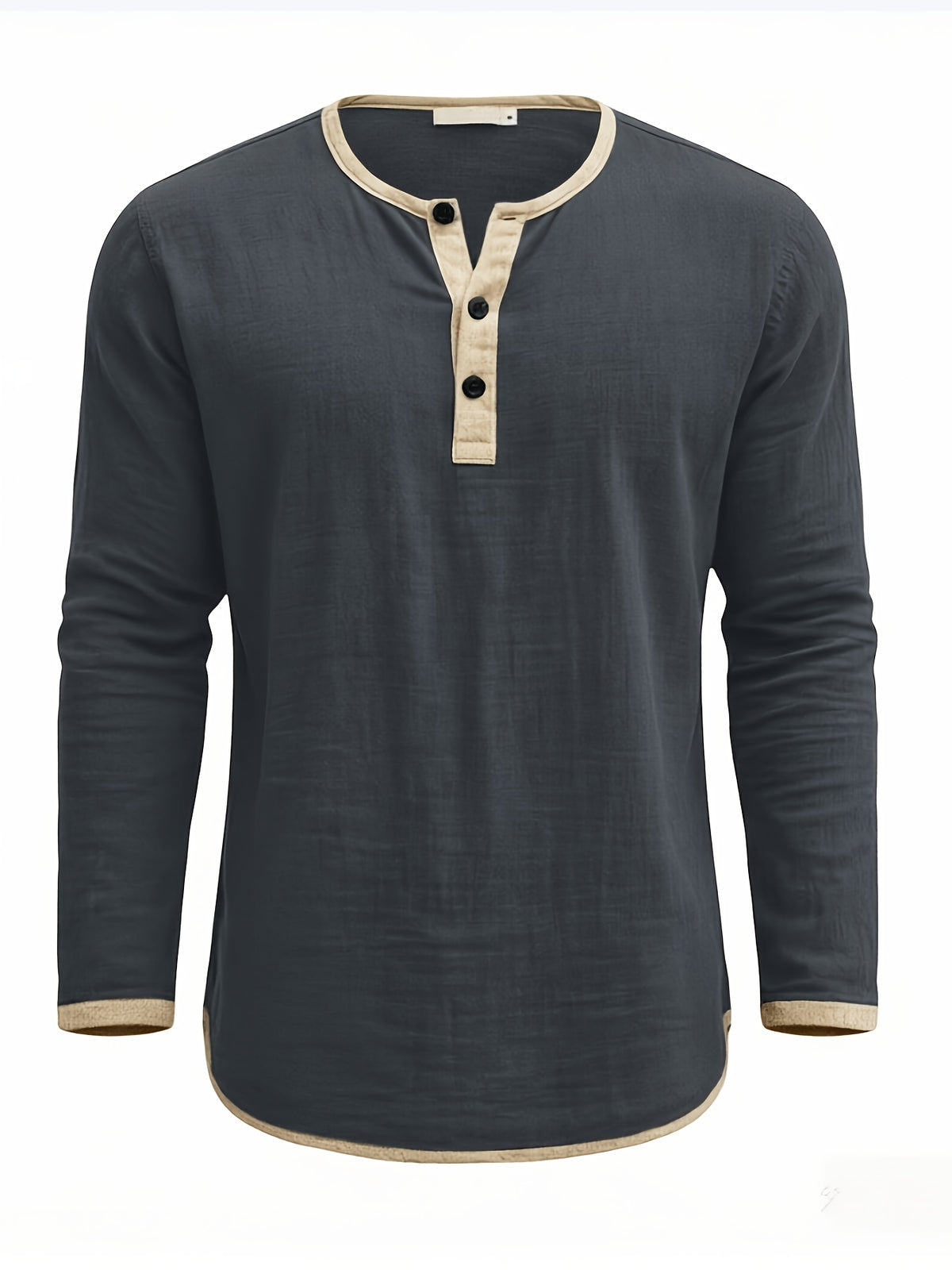 Men's Retro Color-Block Cotton And Linen Blend Button-Up Henley Long Sleeve Polo Shirt, 2pcs. Breathable & Relaxed Fit. Casual Outdoor, Work & Party Wear. Versatile Spring/Fall/Autumn Layering Essential - Dark Grey+Navy Blue