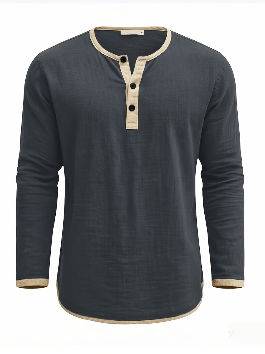 Men's Retro Color-Block Cotton And Linen Blend Button-Up Henley Long Sleeve Polo Shirt, 2pcs. Breathable & Relaxed Fit. Casual Outdoor, Work & Party Wear. Versatile Spring/Fall/Autumn Layering Essential - Dark Grey+Navy Blue