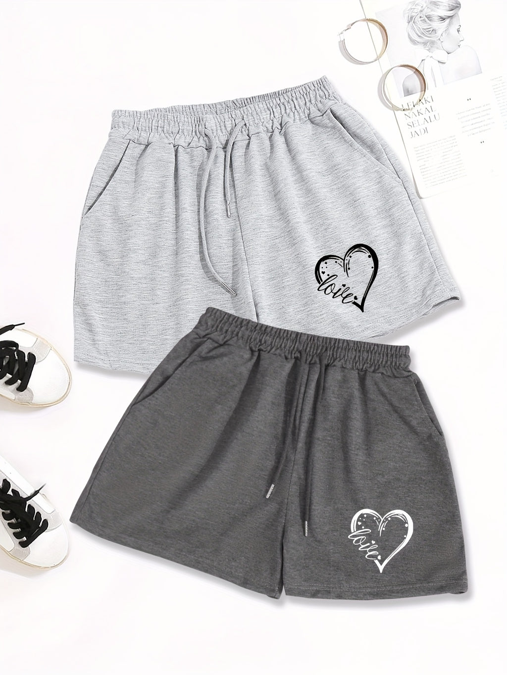 2pcs, Letter Pattern Drawstring Shorts, Casual Shorts, Women'S Clothing - Grey+Dark Grey