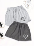 2pcs, Letter Pattern Drawstring Shorts, Casual Shorts, Women'S Clothing - Grey+Dark Grey