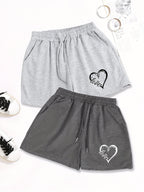 2pcs, Letter Pattern Drawstring Shorts, Casual Shorts, Women'S Clothing - Grey+Dark Grey