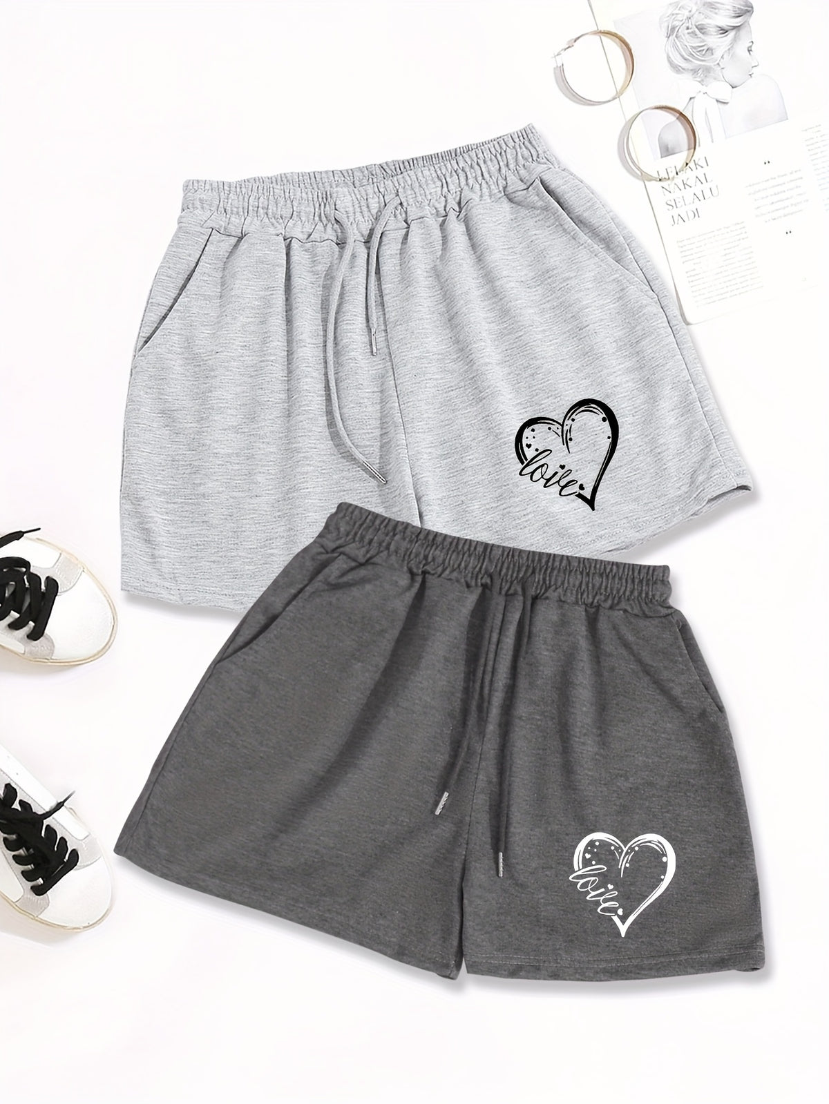 2pcs, Letter Pattern Drawstring Shorts, Casual Shorts, Women'S Clothing - Grey+Dark Grey