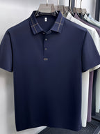 Men's Summer Polo Shirt with Plaid Contrast Collar, Seamless Construction for a Restrictive-Free Feel, a Comfortable Choice for Summer Commuting, Outdoor Activities, and Business Meetings - SINBOS - Dark Blue