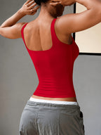European and American Basic Style Solid Color Square Neck Tank Top, High-Stretch Slim-Fit Bodycon Cropped Waist-Revealing Sleeveless Base Layer Top for Inner or Outer Wear - Red