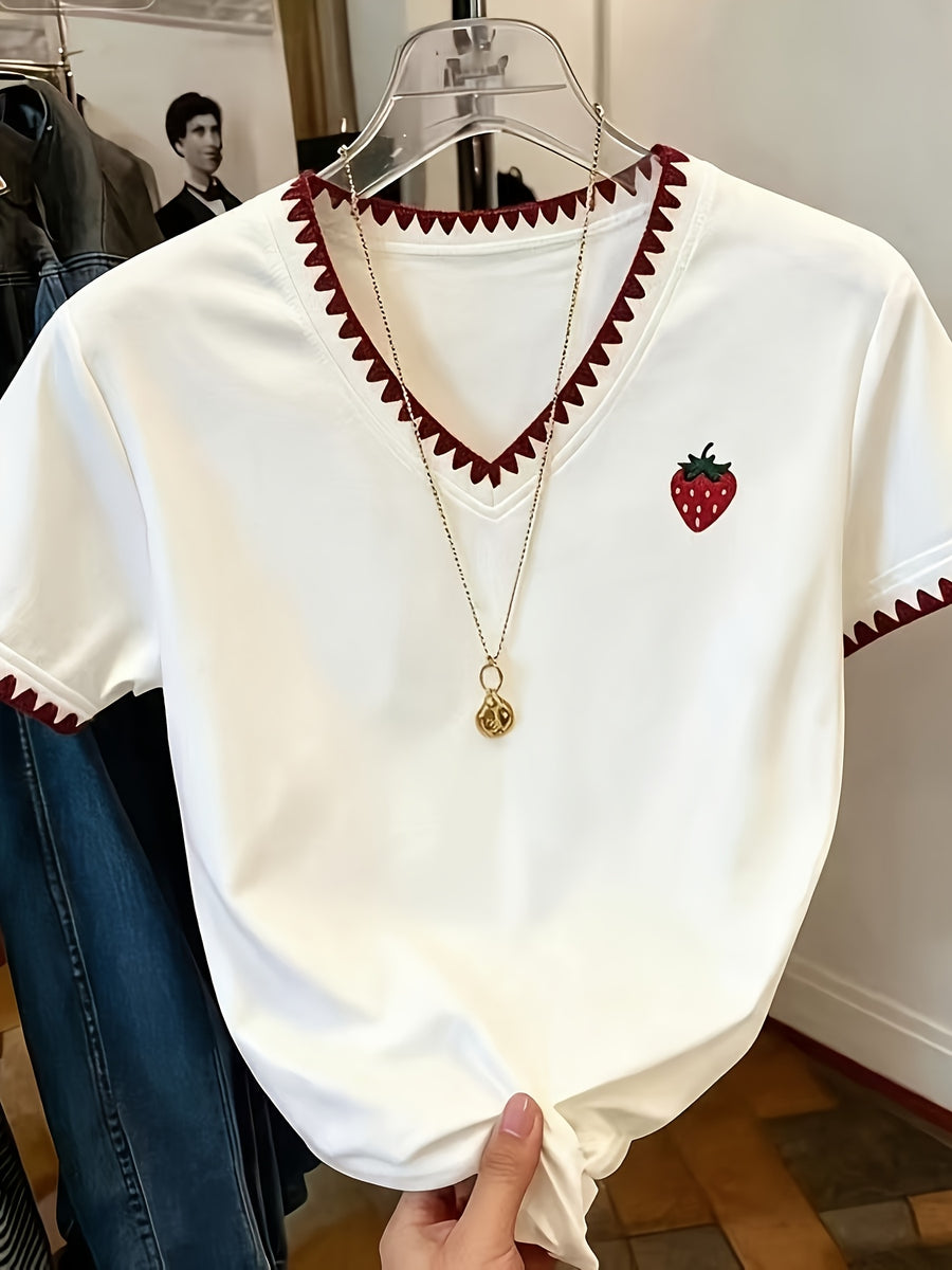 XXFL Directional Style Summer Regular Shoulder V-Neck Color-Block Fashion Versatile Short-Sleeve Top T-Shirt - Red edge collides with white