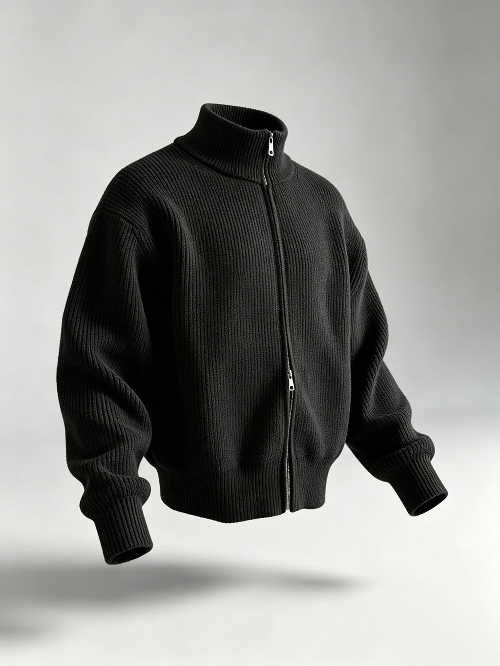 Zip-Up Stand Collar Knit Cardigan, Casual Thick Ribbed Knitwear Jacket, Men's Fashion Winter Clothes for Men - Black