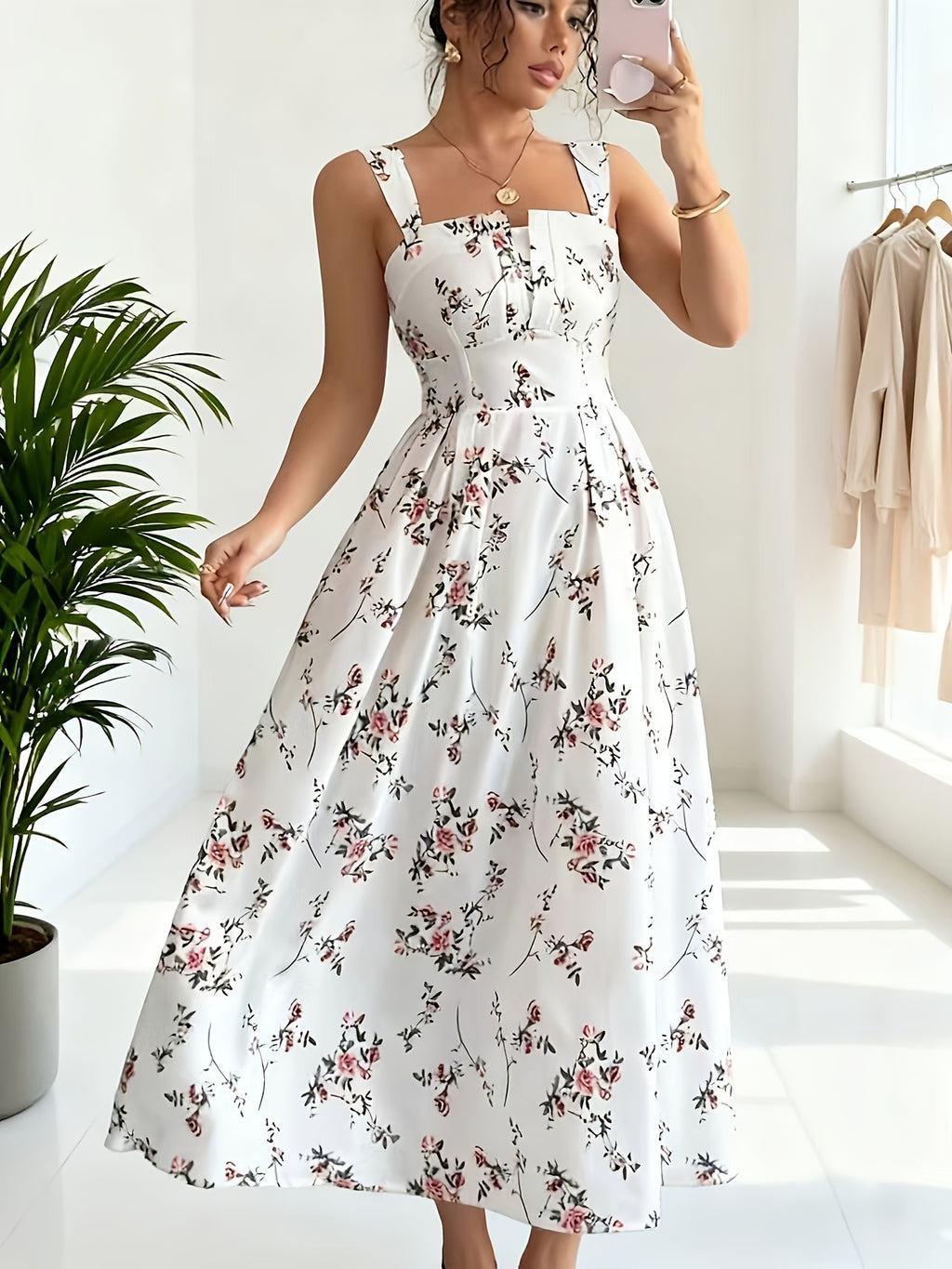 Women's Vintage Square Neck White Floral Print Camisole Dress, Featuring a Effect, Vintage Elegant Vacation Style, Suitable for Summer Dates and Casual Wear in Spring and Summer. Machine Washable - White
