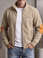 [Pearson OBM] Men'S Autumn Winter Sports Short Collar Jacket, Classic Print Design, Zippered Pockets Fashionable Small Plaid Textured Fabric, Elbow Classic Color-Block Casual Coat, Spring Autumn Versatile Zippered Cardigan Top, Suitable for Gifting - Khaki