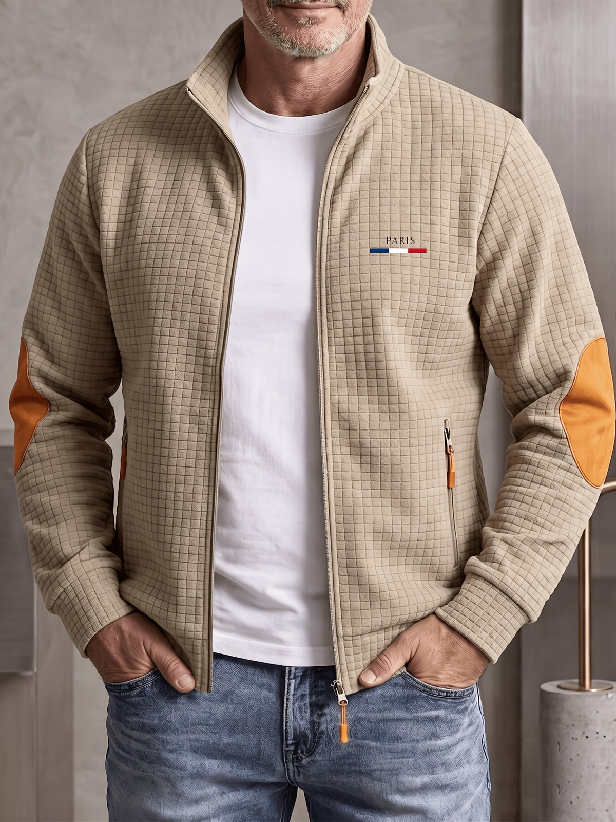 [Pearson OBM] Men'S Autumn Winter Sports Short Collar Jacket, Classic Print Design, Zippered Pockets Fashionable Small Plaid Textured Fabric, Elbow Classic Color-Block Casual Coat, Spring Autumn Versatile Zippered Cardigan Top, Suitable for Gifting - Khaki