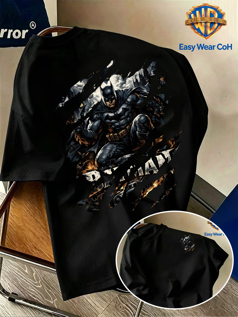 Warner Authorized New Men'S Casual Round Neck Short Sleeve T-Shirt, Front And Back Ripped Claw Mark Effect Batman Creative Pattern Print, Trendy Cool Individual Men'S Top, Niche Print Non-Collision Style, Soft Skin-Friendly Breathable Fabric - Black