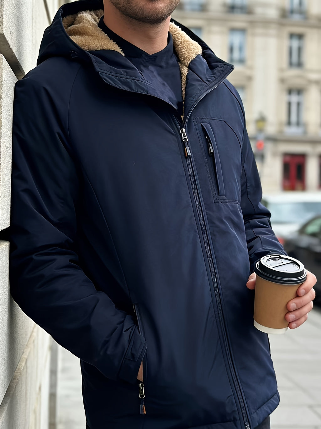 Men's Thick -Lined Casual Hooded Jacket - Dark Blue-1