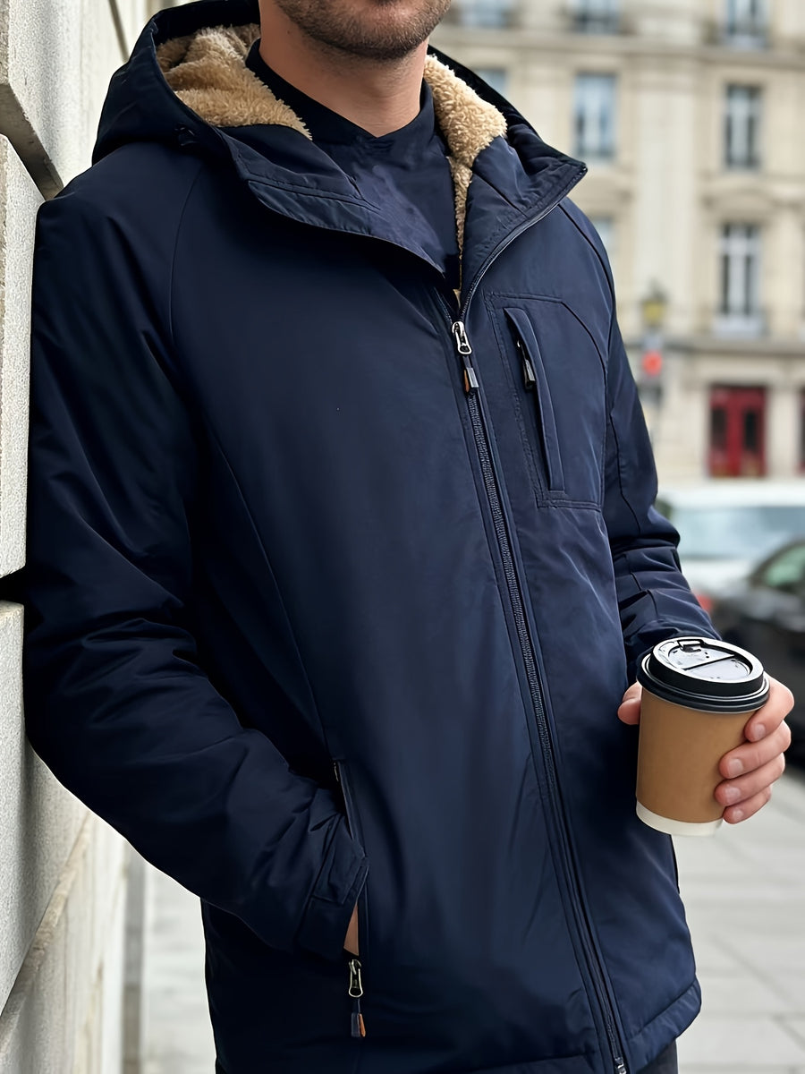 Men's Thick -Lined Casual Hooded Jacket - Dark Blue-1