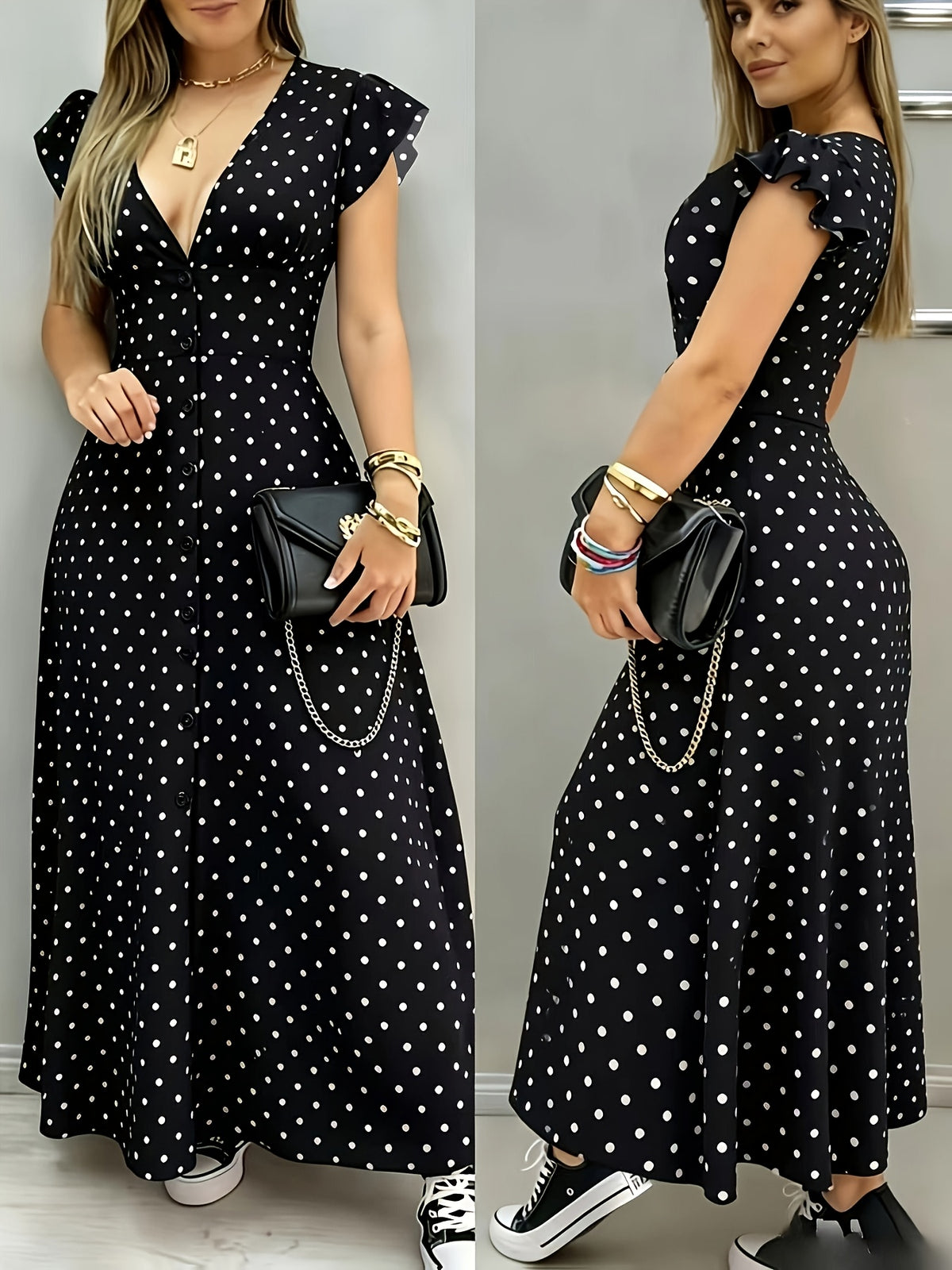 Women's French -Neck Smock Dress - Polka Dot Maxi Dress with Short Sleeves & Split Hem, -Line Smock Dress Suitable for Parties, Vacations, Beachwear, Machine Washable Round Dot Print Dress - Black
