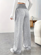 High-waisted Ribbed Waistband Wide-leg Pants with Contrast Drawstring and Label, No Pockets, Solid Color, Versatile for Daily Commuting in Spring, Summer, and Autumn. Lightweight and Easy to Wear, a Fashionable Choice - Silvery Grey