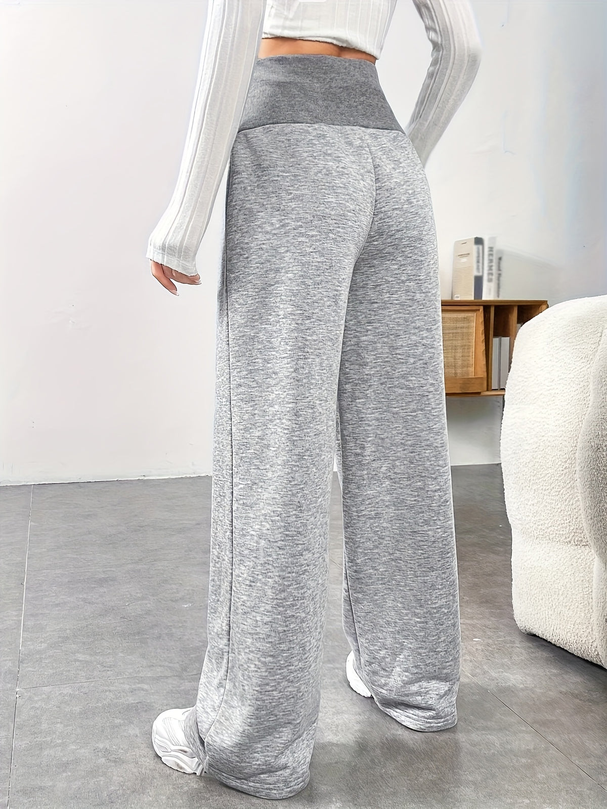 High-waisted Ribbed Waistband Wide-leg Pants with Contrast Drawstring and Label, No Pockets, Solid Color, Versatile for Daily Commuting in Spring, Summer, and Autumn. Lightweight and Easy to Wear, a Fashionable Choice - Silvery Grey