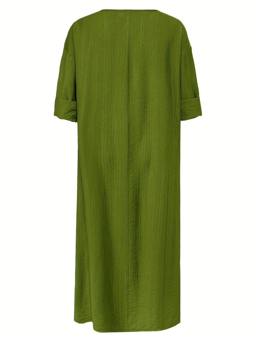 Women'S V-Neck Casual Long Sleeve Dress - Olive Green