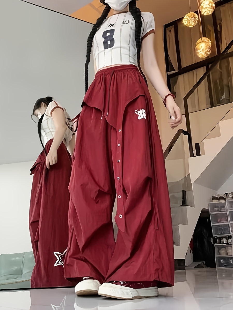 Spring And Autumn Women'S Korean-Style Irregular Design Jazz Street Dance Wide-Leg Pants - Burgundy