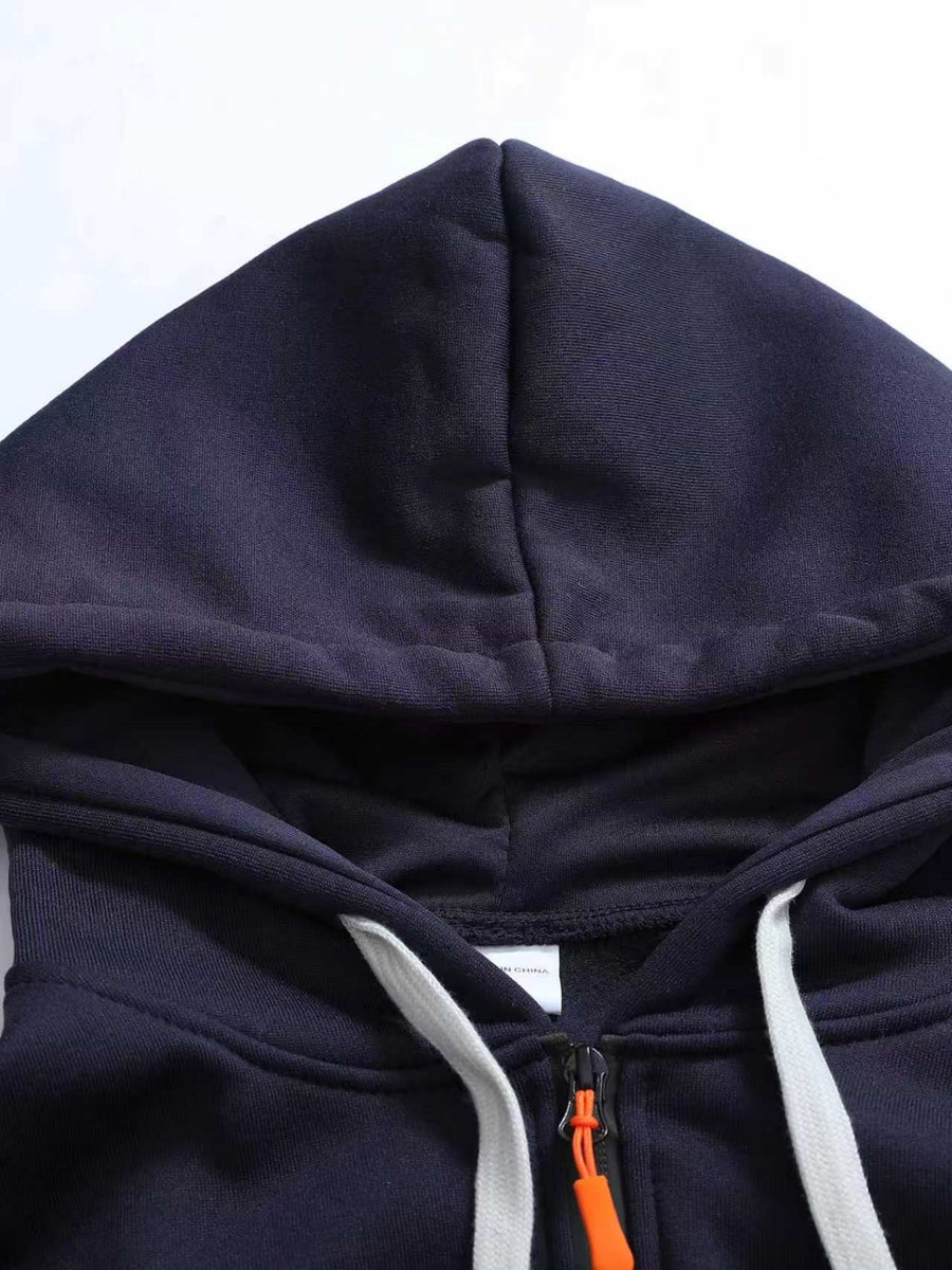 Men'S Athletic Casual Hooded Sweatshirt, Cargo Multi-Pocket Half-Zip Design Brushed K Letter Print Long Sleeve Hoodie - Navy Color