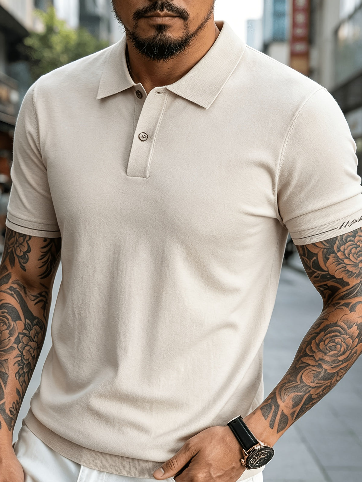 Men's Knitted Short-Sleeve Polo Shirt - Urban Street Scene Exterior Shot, Slim Fit, Lapel Collar, Two-Button, Business Casual Commuter Thin Top, Solid Color Knit Top with Embroidered Cuff Design - Yami Apricot
