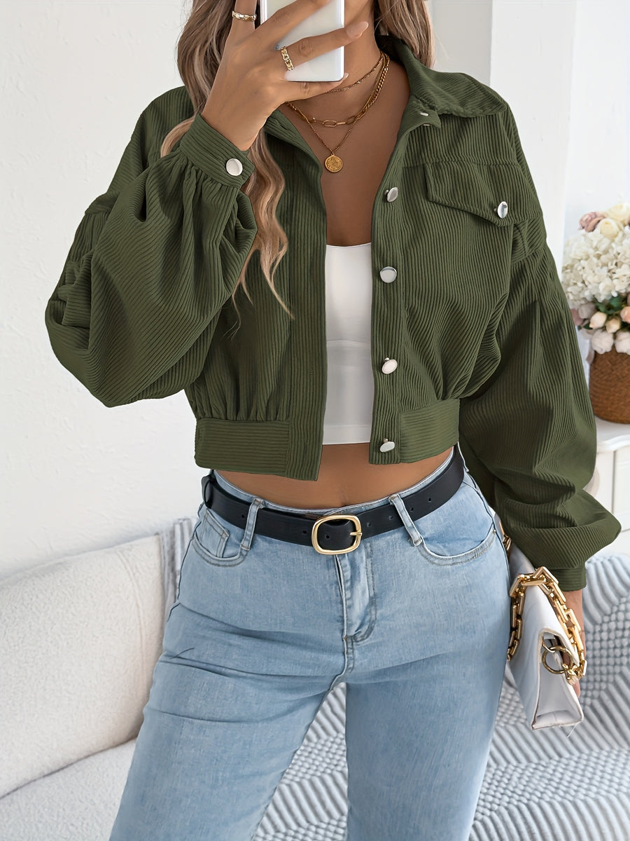 Spring Autumn Casual Vacation Solid Color Single Breasted Lantern Long Sleeve Corduroy Short Coat Women'S Jacket - Olive Green