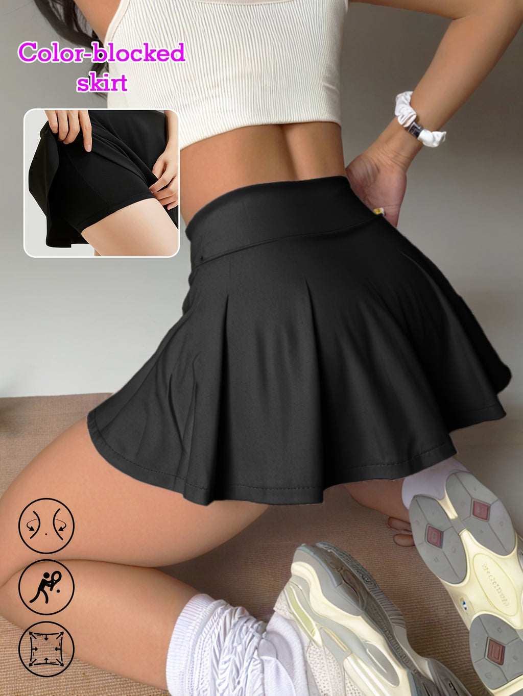 Women's Sports Skirt Colorblocking Design Women's Clothes Anti-glare Stretch Fit High-waisted Belly Lining Suitable for Casual Sports Running - Black