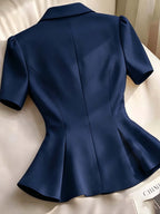 Elegant Women'S Solid Color Short Sleeve Lapel Blazer, Metal Button Detail Blazer, Suitable for Commuting, Vacation, Business, And Casual Wear - Navy Color