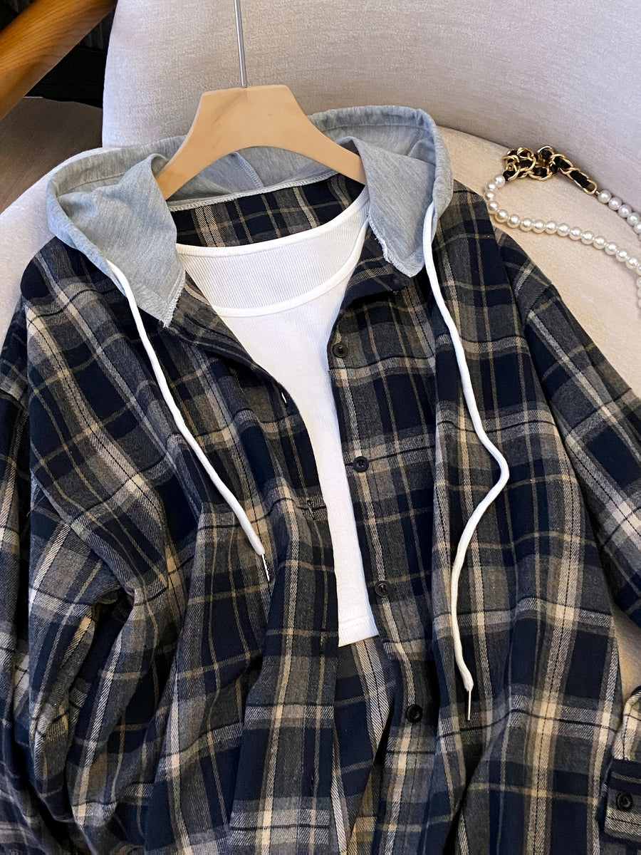Plus Size, Spring Women's New Arrival Clothing, Autumn Women's Fashion Casual Wear, Plaid Hooded Long-Sleeve Shirt, Plus Size Women's Shirt, Oversized Top, Autumn Hooded Cardigan, Fashion Plaid Shirt, Korean Style Women's Clothing, Women's Winter - Blue