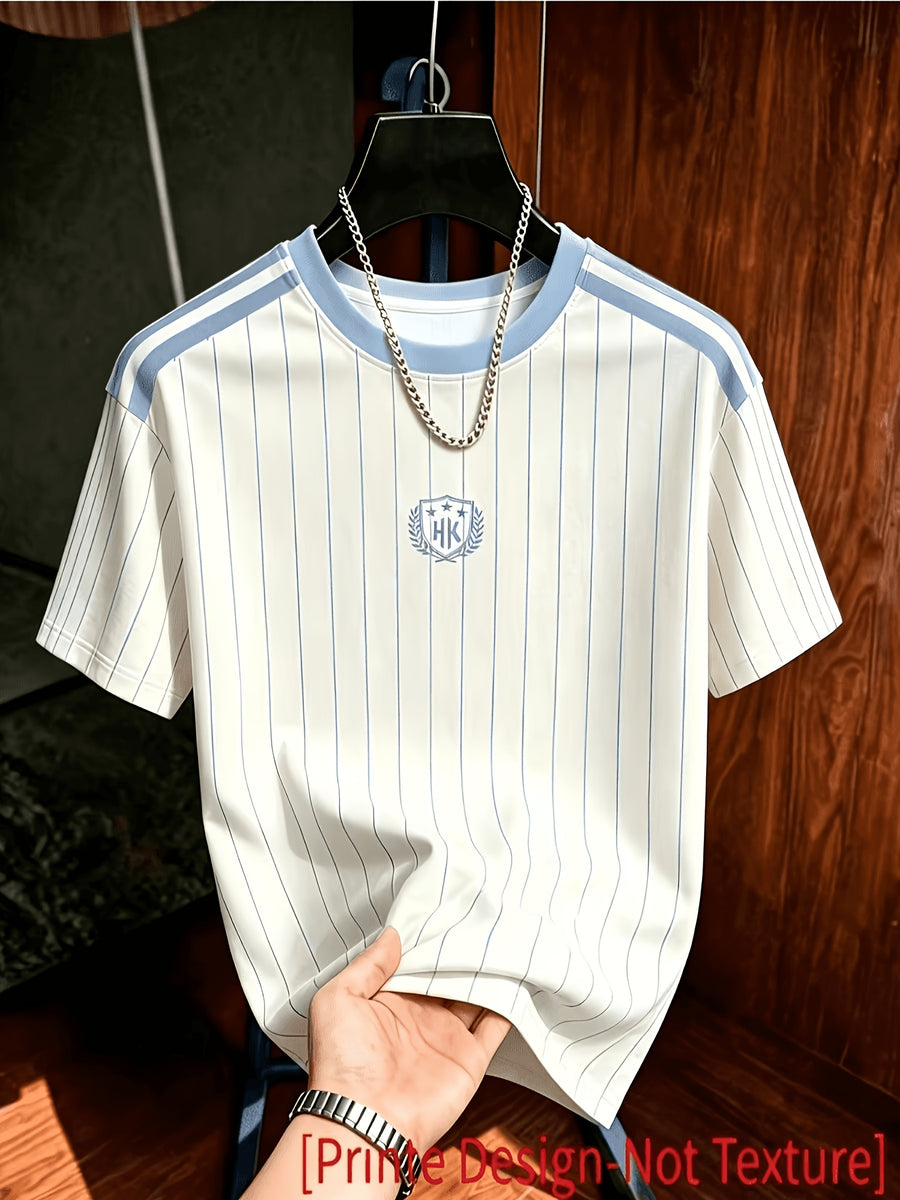 [Print Design-Not Textured] Summer Casual Striped Men'S T-Shirt, Contrast Shoulder Stripes Wheat Shield Print Breathable All-Match Round Neck Short Sleeve Top - Mixed colors