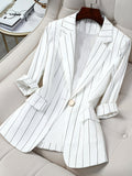 (YYTT) Elegant Striped Blazer for Women, Seven-Sleeve, New Slim Fit And Waist-Defining Thin Short Top, Professional Suit, Spring/Summer 2026 - White