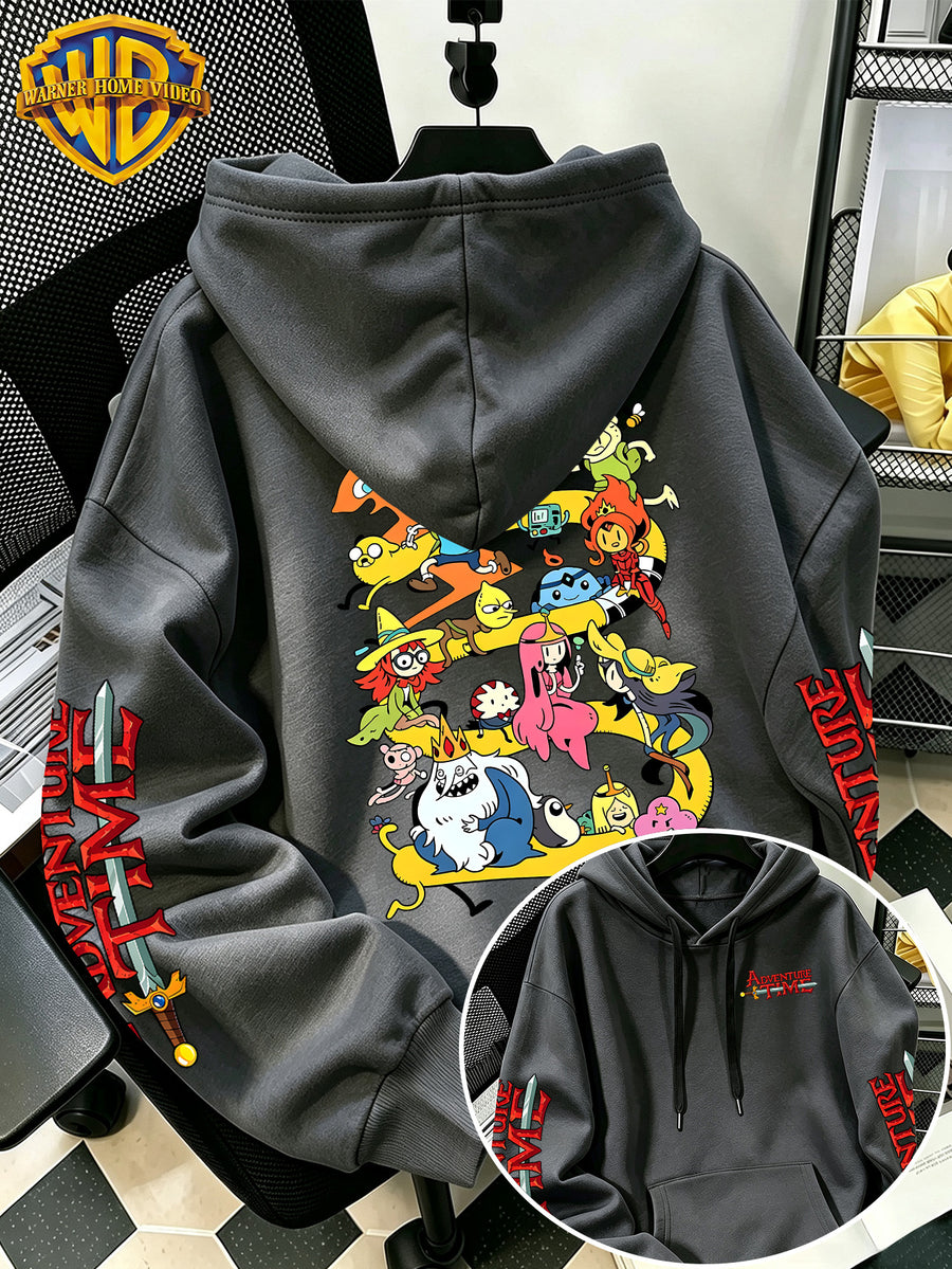 Warner Bros Official Adventure Time Letter B Full Cast All-Around Cartoon Print Hooded Sweatshirt - Men's Casual Versatile Sweatshirt, Comfortable Autumn/Winter Wear, Ideal for Sports, Outdoors, Outings, Travel, and Daily/Commute/Home Use - Dark Gray