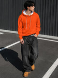 Men's Long Sleeve Pullover Hoodie, Solid Orange, Digital Print, Drawstring Hood, Kangaroo Pocket, Ribbed Cuffs and Hem, Casual Style, Daily Wear, Weekend Leisure, Polyester, Spring and Fall - Mixed colors