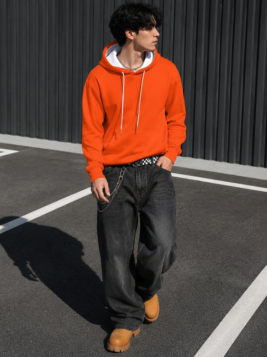 Men's Long Sleeve Pullover Hoodie, Solid Orange, Digital Print, Drawstring Hood, Kangaroo Pocket, Ribbed Cuffs and Hem, Casual Style, Daily Wear, Weekend Leisure, Polyester, Spring and Fall - Mixed colors
