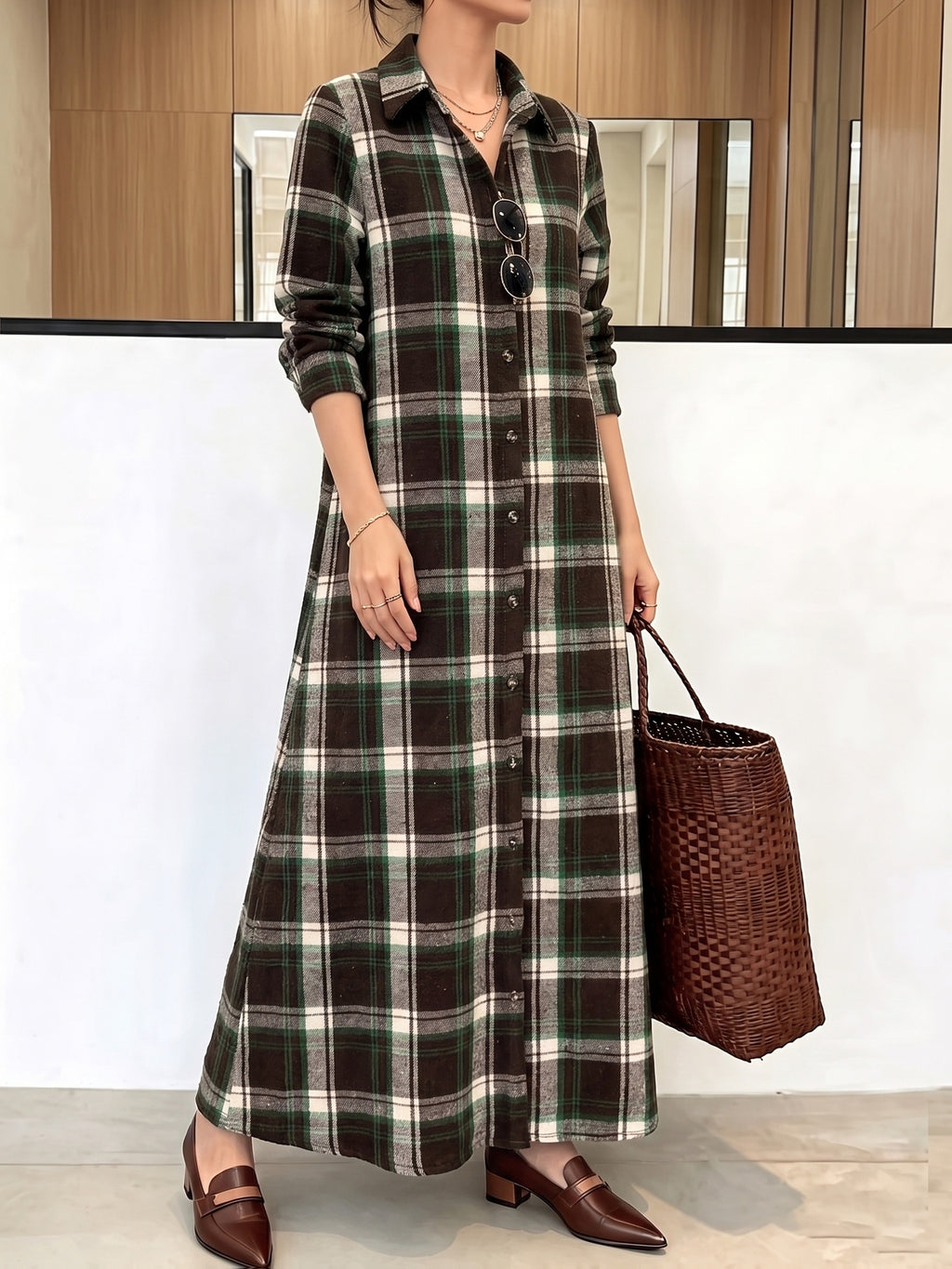 Women'S Vintage Plaid Jacquard Shirt Dress, British Style Casual Long Dress, Thin Long Coat - Green & Brown