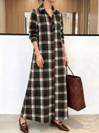 Women'S Vintage Plaid Jacquard Shirt Dress, British Style Casual Long Dress, Thin Long Coat - Green & Brown
