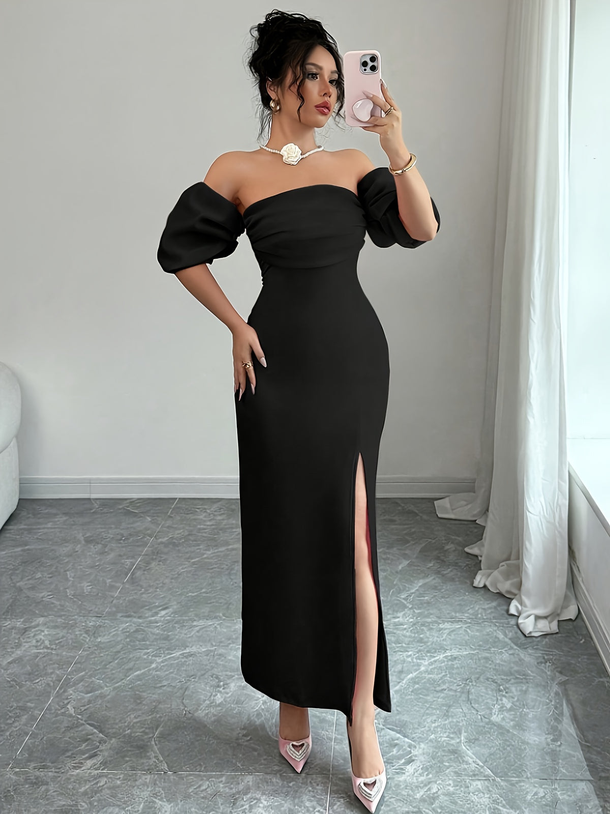 Party Sexy High-End Elegant Off-Shoulder Voluminous Sleeve Women'S Bridesmaid Dress, Suitable for Commute, Vacation, Afternoon Tea, Parties, Evening - Black