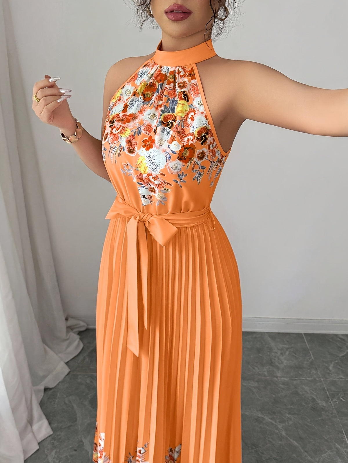 Fashionable New Women'S Summer Halter Floral Print Pleated Dress - Orange